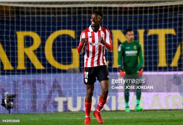 Athletic Bilbao's Spanish forward Inaki Williams celebrates after scoring during the Spanish league football match between Villarreal CF and Athletic...