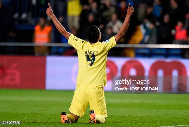 Villarreal's Colombian forward Carlos Bacca celebrates after scoring during the Spanish league football match between Villarreal CF and Athletic Club...