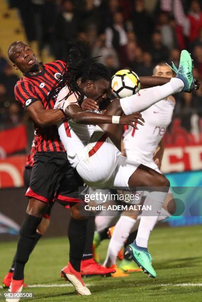 Galatasaray's Bafetimbi Gomis controls the ball during the Turkish Super Lig football match between Genclerbirligi and Galatasaray on April 9 at the...