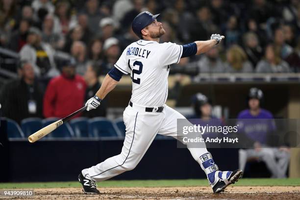 Chase Headley of the San Diego Padres hits during the game against the Colorado Rockies at PETCO Park on April 4, 2018 in San Diego, Califronia....