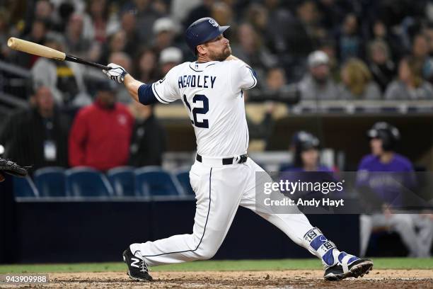 Chase Headley of the San Diego Padres hits during the game against the Colorado Rockies at PETCO Park on April 4, 2018 in San Diego, Califronia....