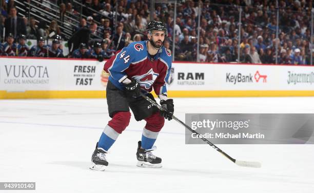 Mark Barberio of the Colorado Avalanche skates against the St. Louis Blues at the Pepsi Center on April 7, 2018 in Denver, Colorado. The Avalanche...