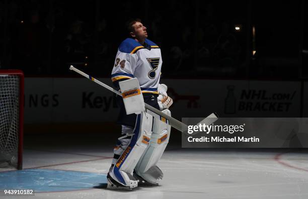 Goaltender Jake Allen of the St. Louis Blues stands in net prior to the game against the Colorado Avalanche at the Pepsi Center on April 7, 2018 in...