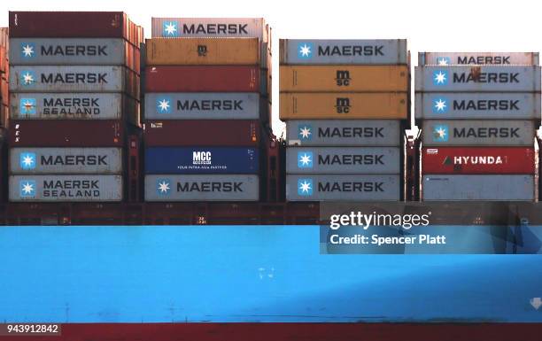 Cargo ship owned by Maersk arrives into New York harbor on April 9, 2018 in New York City. As a potential trade war with China continues to spook...