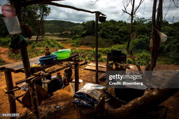 Make-shift kitchen stands at a mining camp on property owned by state gold processor Minerven in El Callao, Bolivar State, Venezuela, on Tuesday,...