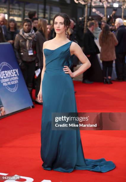 Jessica Brown Findlay attends 'The Guernsey Literary And Potato Peel Pie Society' World Premiere at The Curzon Mayfair on April 9, 2018 in London,...
