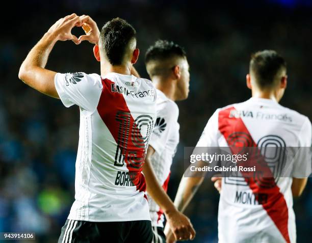 Rafael Santos Borre of River Plate celebrates with teammates after scoring the first goal of his team during a match between Racing Club and River...