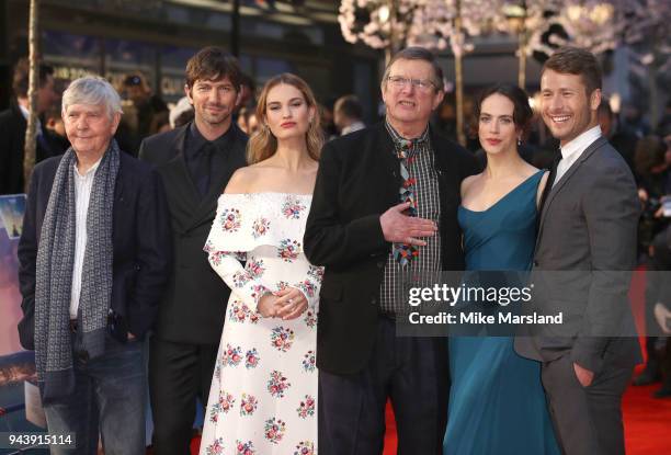 Tom Courtenay, Michael Hulsman, Lily James, Mike Newell, Jessica Brown Findlay and Glen Powell attend 'The Guernsey Literary And Potato Peel Pie...