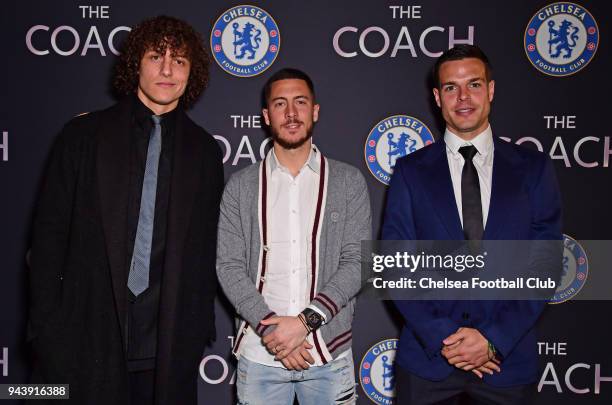 David Luiz, Eden Hazard and Cesar Azpilicueta of Chelsea at "The Coach" Premiere shown at Under The Bridge at Stamford Bridge on April 9, 2018 in...