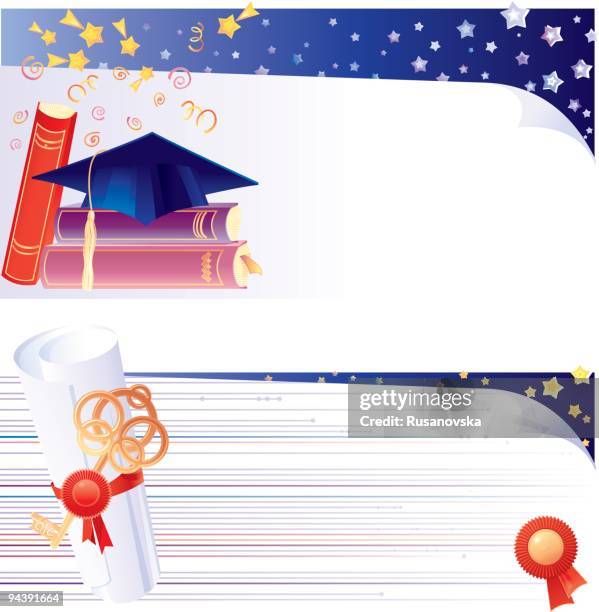 set os graduation banners - throwing confetti stock illustrations
