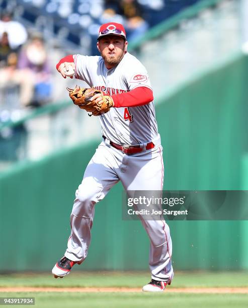 Cliff Pennington of the Cincinnati Reds in action during the game against the Pittsburgh Pirates at PNC Park on April 8, 2018 in Pittsburgh,...