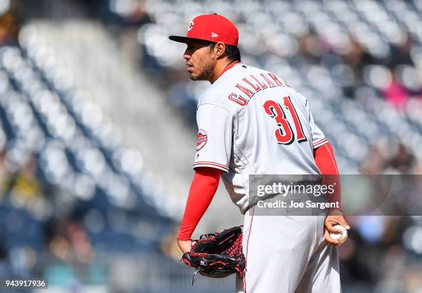 Yovani Gallardo of the Cincinnati Reds pitches during the game against the Pittsburgh Pirates at PNC Park on April 8, 2018 in Pittsburgh,...