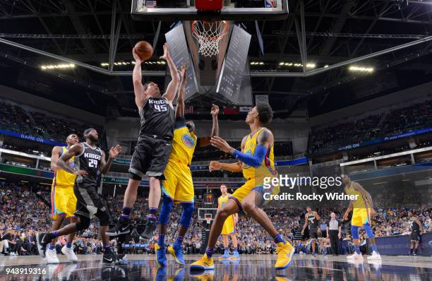 Jack Cooley of the Sacramento Kings goes up for the shot against the Golden State Warriors on March 31, 2018 at Golden 1 Center in Sacramento,...