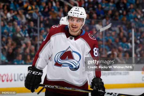 Matt Nieto of the Colorado Avalanche looks on during the game against the San Jose Sharks at SAP Center on April 5, 2018 in San Jose, California....
