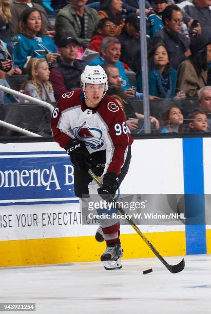 Mikko Rantanen of the Colorado Avalanche skates with the puck against the San Jose Sharks at SAP Center on April 5, 2018 in San Jose, California....