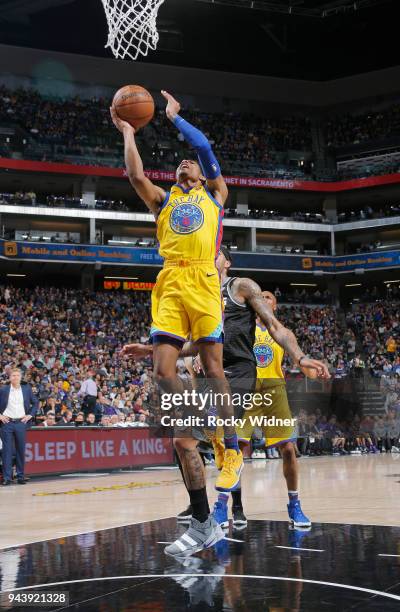 Patrick McCaw of the Golden State Warriors shoots a layup against the Sacramento Kings on March 31, 2018 at Golden 1 Center in Sacramento,...