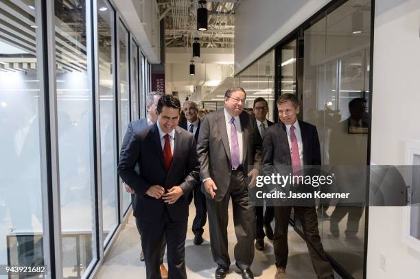 Cesar Conde, Carlos Gimenez, David Cohen, and Steve Burke take a tour during the Grand Opening - Press Conference at Telemundo Center on April 9,...