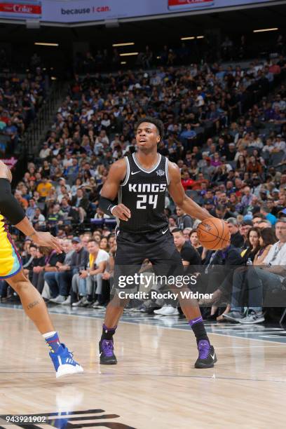 Buddy Hield of the Sacramento Kings handles the ball against the Golden State Warriors on March 31, 2018 at Golden 1 Center in Sacramento,...