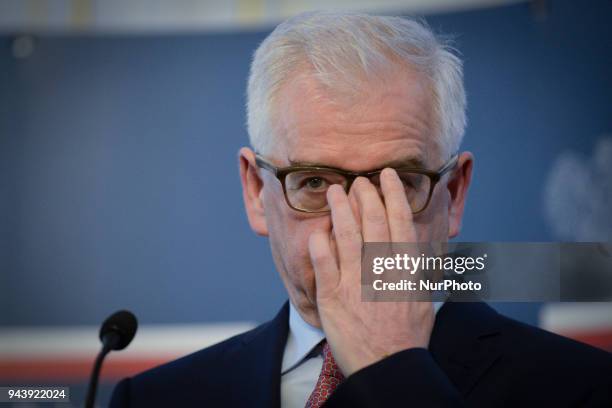 Polish Minister of Foreign Affairs Jacek Czaputowicz is seen during the joint press conference with EC Vice President Frans Timmermans at the...