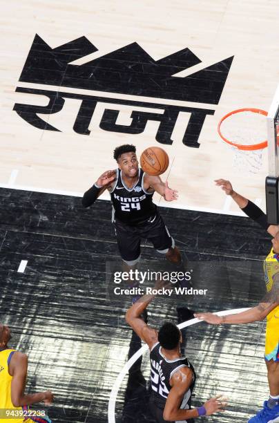 Buddy Hield of the Sacramento Kings rebounds against the Golden State Warriors on March 31, 2018 at Golden 1 Center in Sacramento, California. NOTE...