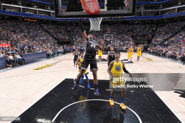 Buddy Hield of the Sacramento Kings shoots a layup against the Sacramento Kings on March 31, 2018 at Golden 1 Center in Sacramento, California. NOTE...