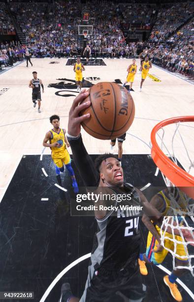 Buddy Hield of the Sacramento Kings goes up for the shot against the Golden State Warriors on March 31, 2018 at Golden 1 Center in Sacramento,...