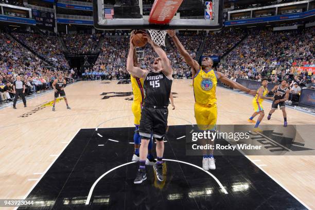 Jack Cooley of the Sacramento Kings goes up for the shot against the Golden State Warriors on March 31, 2018 at Golden 1 Center in Sacramento,...