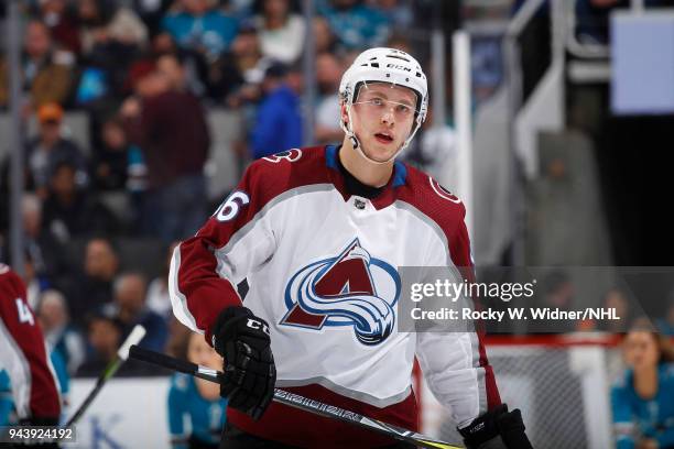 Mikko Rantanen of the Colorado Avalanche looks on during the game against the San Jose Sharks at SAP Center on April 5, 2018 in San Jose, California....