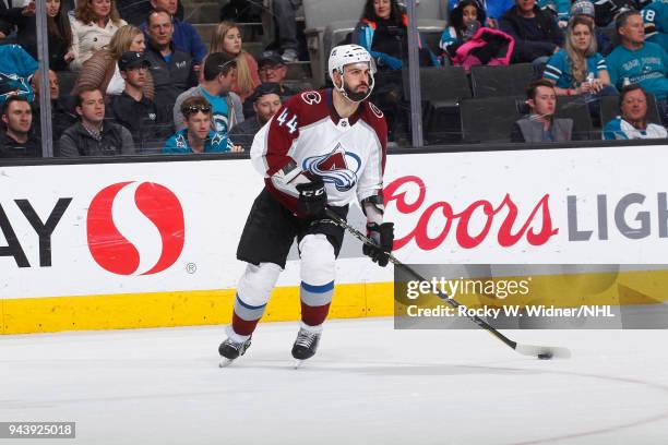 Mark Barberio of the Colorado Avalanche skates with the puck against the San Jose Sharks at SAP Center on April 5, 2018 in San Jose, California. Mark...