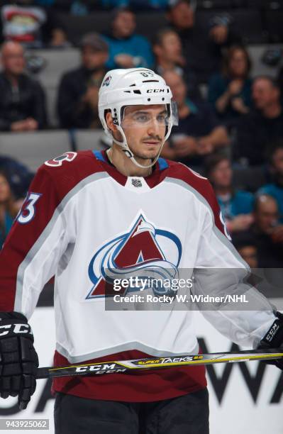 Matt Nieto of the Colorado Avalanche looks on during the game against the San Jose Sharks at SAP Center on April 5, 2018 in San Jose, California....