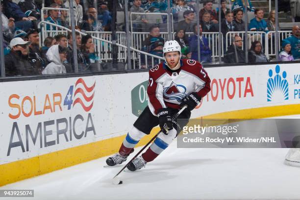 Compher of the Colorado Avalanche skates with the puck against the San Jose Sharks at SAP Center on April 5, 2018 in San Jose, California. J.T....