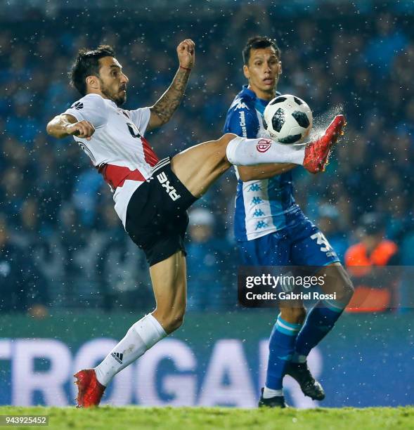 Ignacio Scocco of River Plate controls the ball during a match between Racing Club and River Plate as part of Argentina Superliga 2017/18 at...