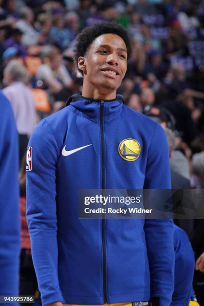 Patrick McCaw of the Golden State Warriors warms up prior to the game against the Sacramento Kings on March 31, 2018 at Golden 1 Center in...