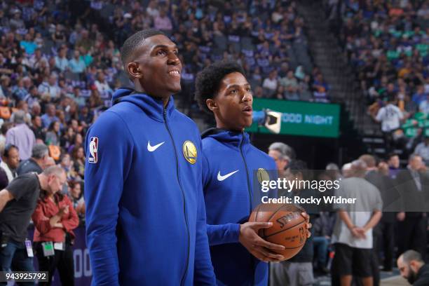 Kevon Looney and Patrick McCaw of the Golden State Warriors look on prior to the game against the Sacramento Kings on March 31, 2018 at Golden 1...