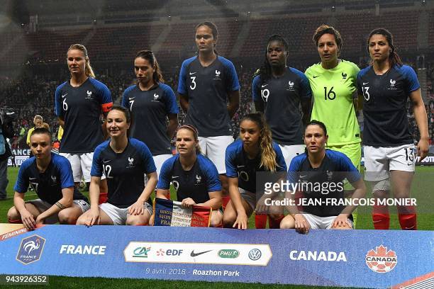 France's players: midfielder Amandine Henry, defender Amel Majri, defender Wendie Renard, defender Griedge Mbock Bathy, goalkeeper Sarah Bouhaddi,...