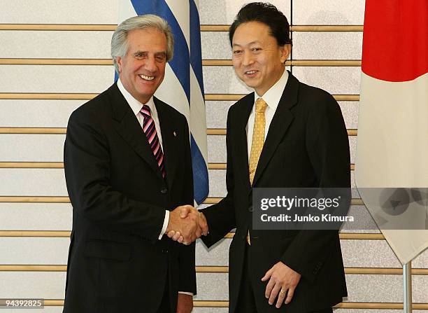 Uruguayan President Tabare Vazquez shakes hand with Japanese Prime Minister Yukio Hatoyama prior to their meeting at Hatoyama's official residence on...