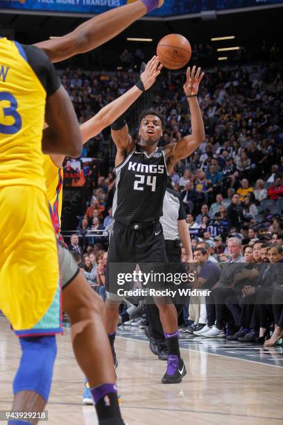 Buddy Hield of the Sacramento Kings passes the ball against the Golden State Warriors on March 31, 2018 at Golden 1 Center in Sacramento, California....