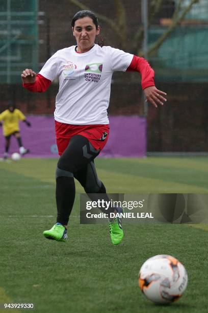 Former Afghanistan women's football captain Khalida Popal attends a training session in south London on March 30, 2018. - Former Afghanistan women's...