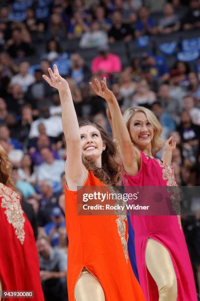 The Sacramento Kings dance team performs during the game against the Golden State Warriors on March 31, 2018 at Golden 1 Center in Sacramento,...