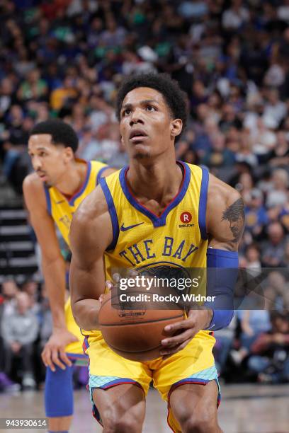 Patrick McCaw of the Golden State Warriors attempts a free-throw shot against the Sacramento Kings on March 31, 2018 at Golden 1 Center in...