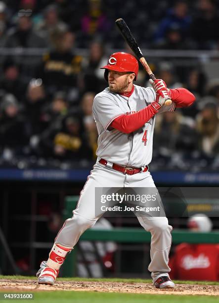 Cliff Pennington of the Cincinnati Reds bats during the game against the Pittsburgh Pirates at PNC Park on April 7, 2018 in Pittsburgh, Pennsylvania.