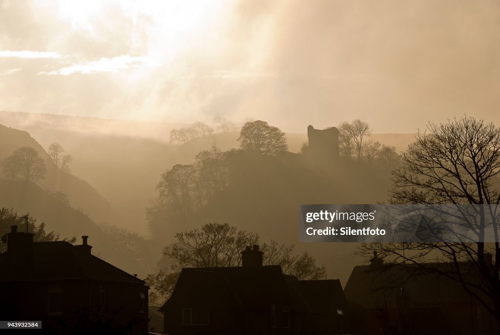 Houses Rooftops Afore Misty Landscape with English Castle