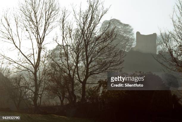 through bare branches peveril castle stands upon hill - silentfoto sheffield bildbanksfoton och bilder