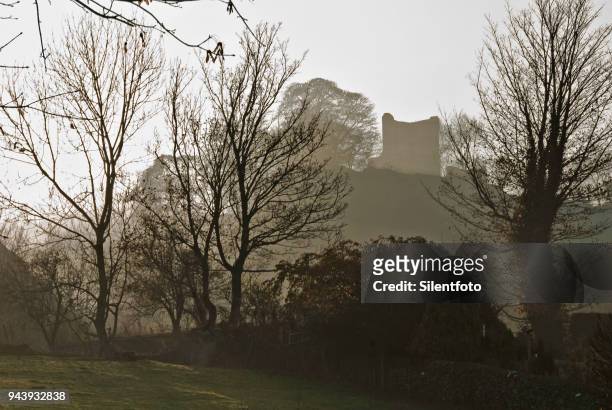 through bare branches peveril castle stands upon hill - silentfoto sheffield imagens e fotografias de stock