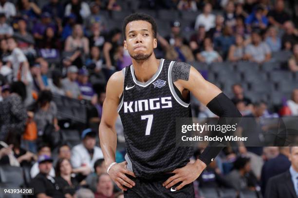 Skal Labissiere of the Sacramento Kings looks on during the game against the Golden State Warriors on March 31, 2018 at Golden 1 Center in...