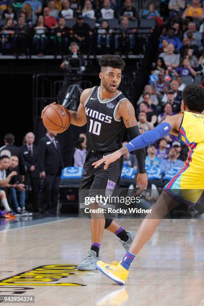 Frank Mason III of the Sacramento Kings handles the ball against the Golden State Warriors on March 31, 2018 at Golden 1 Center in Sacramento,...