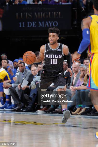 Frank Mason III of the Sacramento Kings brings the ball up the court against the Golden State Warriors on March 31, 2018 at Golden 1 Center in...