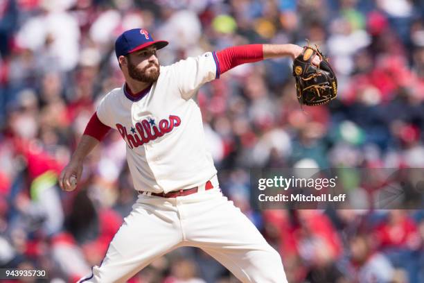 Drew Hutchison of the Philadelphia Phillies pitches against the Miami Marlins at Citizens Bank Park on April 8, 2018 in Philadelphia, Pennsylvania....