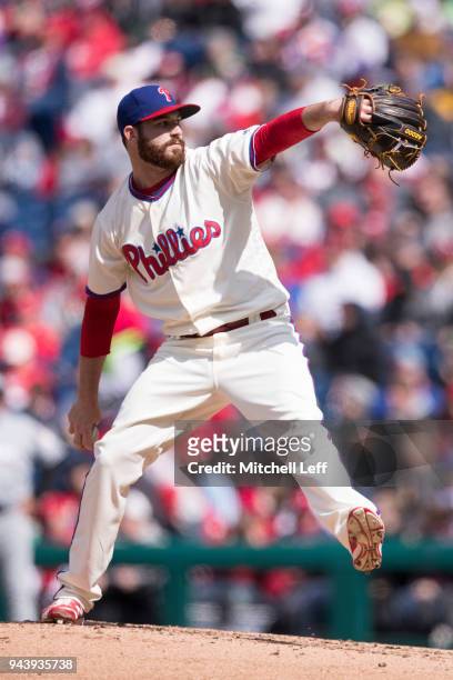 Drew Hutchison of the Philadelphia Phillies pitches against the Miami Marlins at Citizens Bank Park on April 8, 2018 in Philadelphia, Pennsylvania....