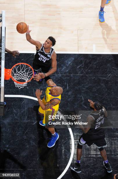Buddy Hield of the Sacramento Kings rebounds against the Golden State Warriors on March 31, 2018 at Golden 1 Center in Sacramento, California. NOTE...